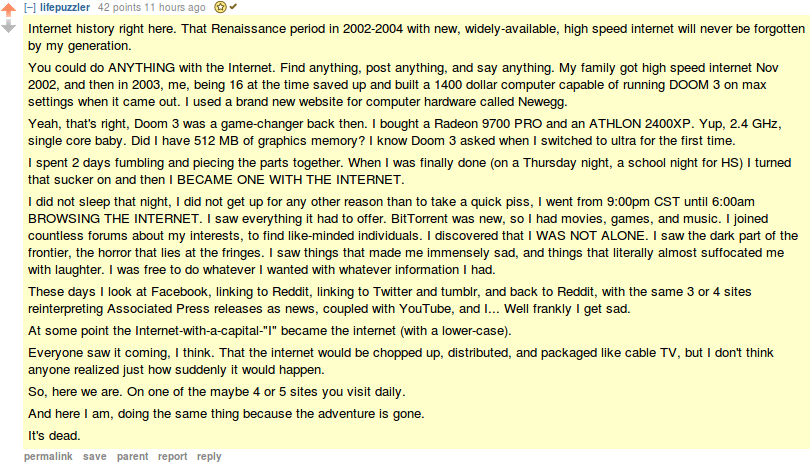 Reddit post about internet history of the previous decade
